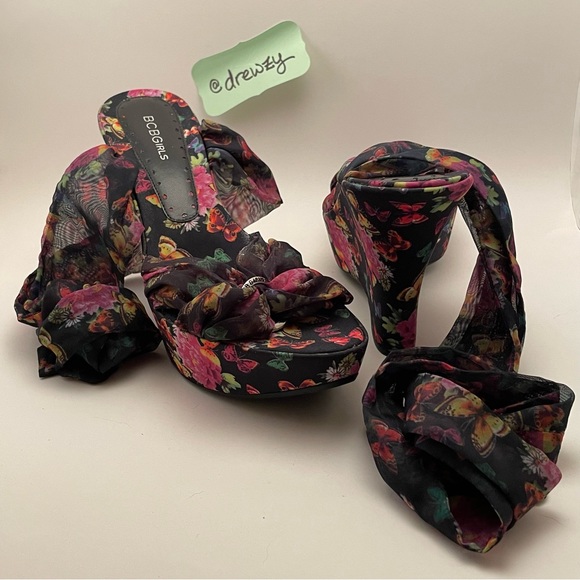 NEW BCBG Girls Floral Butterfly Wedge Ankle Wrap Heels - Picture 2 of 10